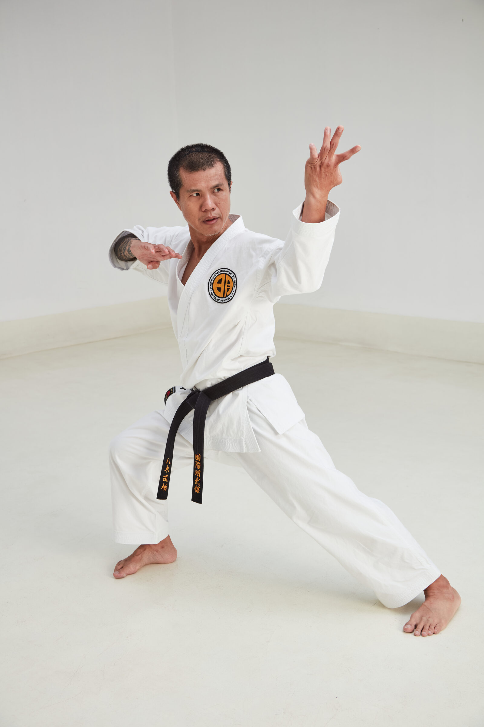 Open-hand kata stance in studio light