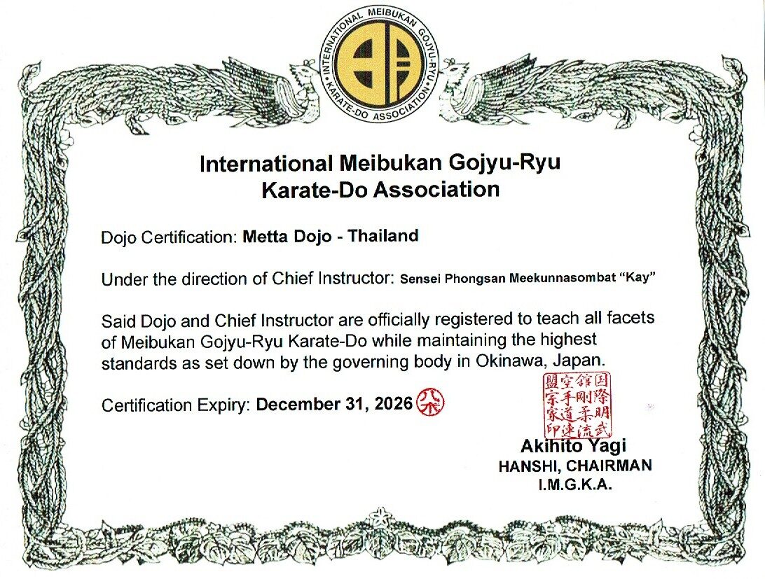 Meibukan Goju-Ryu Karate-Do Association certificate for Metta Dojo, Thailand, under Sensei Phongsan Meekunnasombat, signed by Akihito Yagi, Hanshi and Chairman of IMGKA